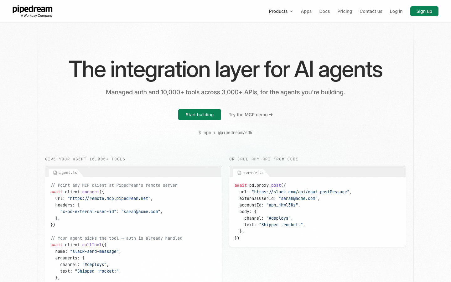 Pipedream — official public product website screenshot, October 2026