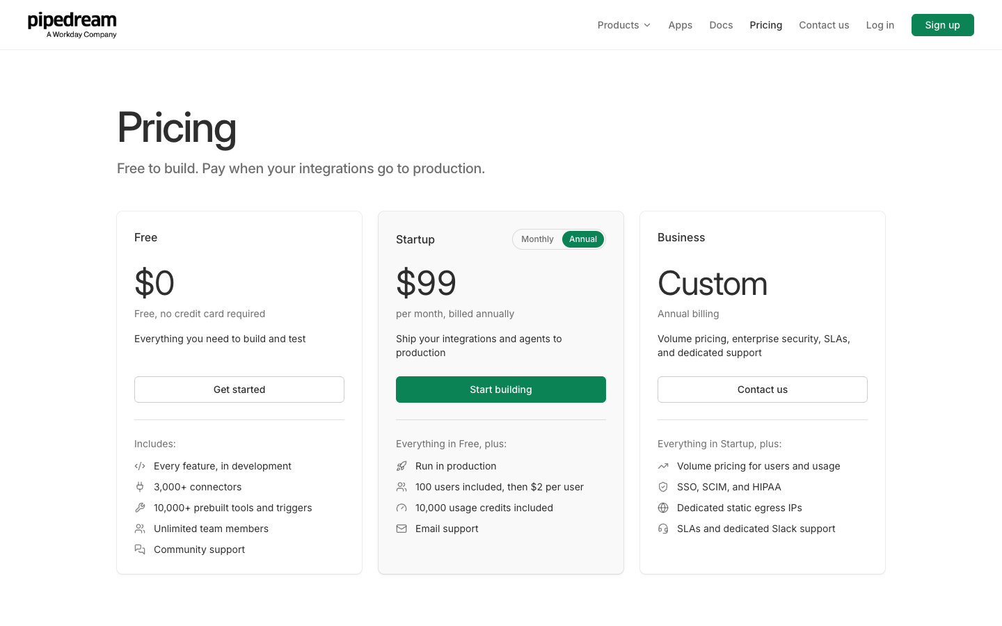 Pipedream — public pricing plans screenshot, October 2026