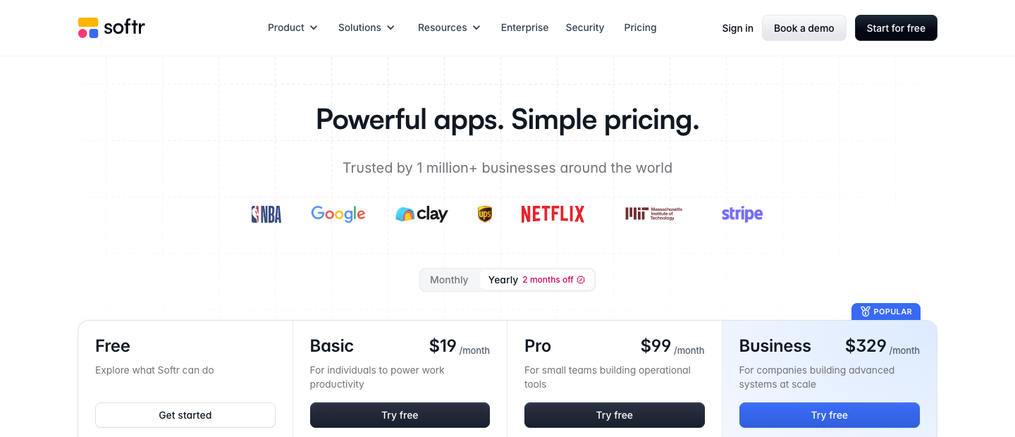 Softr — public pricing plans screenshot, October 2026
