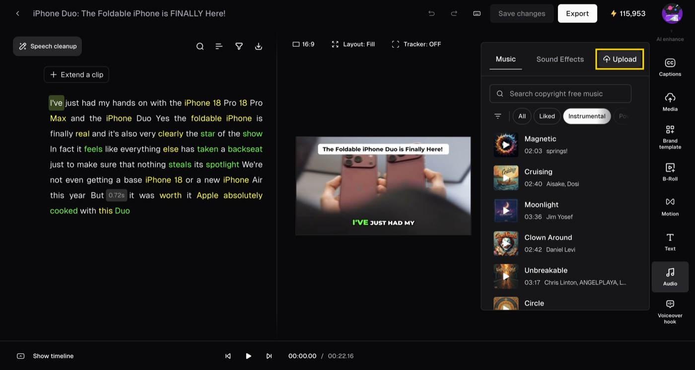 September 2026 OpusClip editor with clip transcript, preview, audio library and highlighted custom audio Upload action