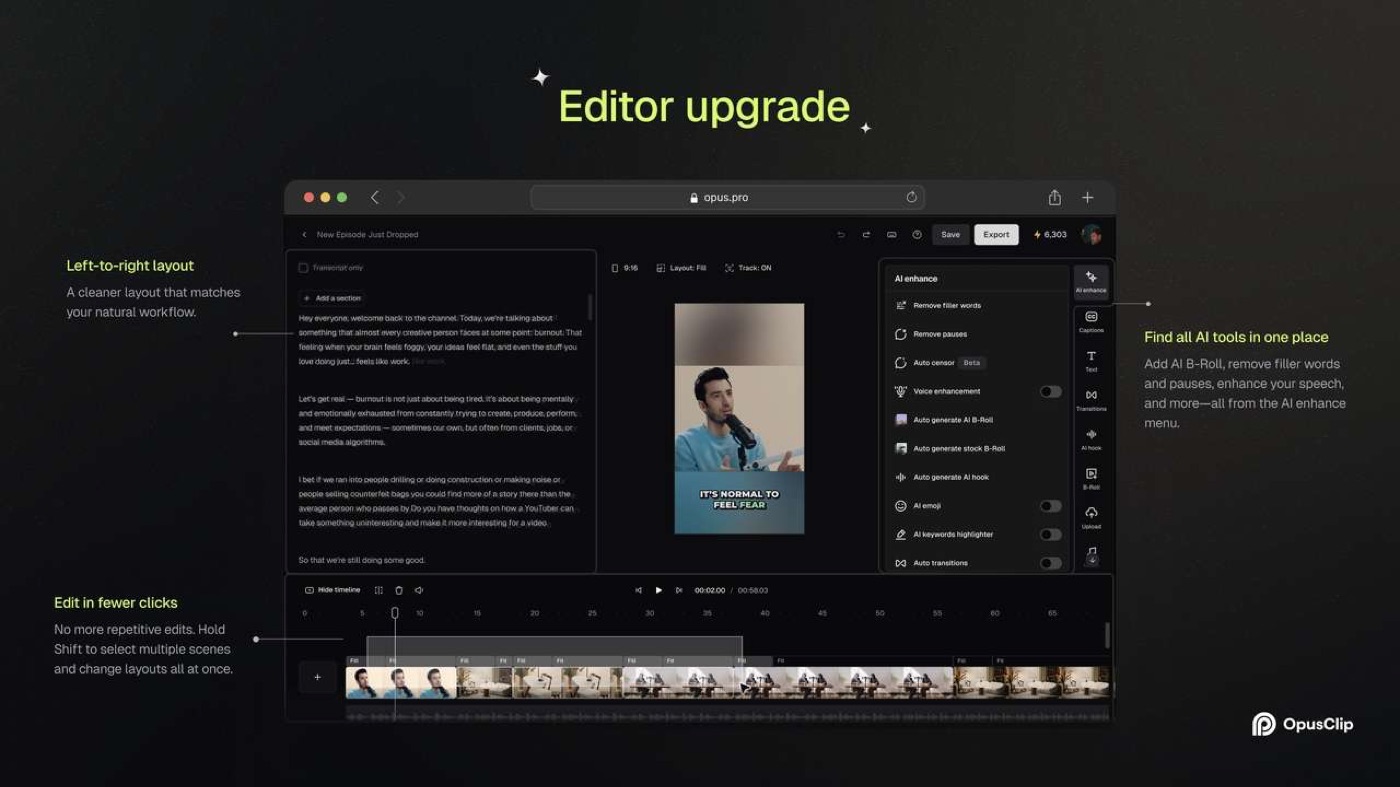 OpusClip Editor with transcript at left, vertical clip preview, AI editing controls and expanded video timeline