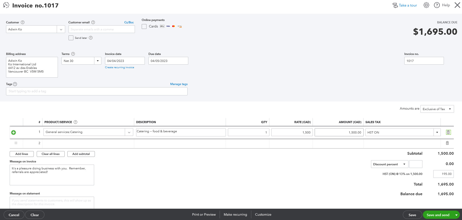 QuickBooks Online review: authentic invoice screen shown in an Intuit 2025 Canadian training guide