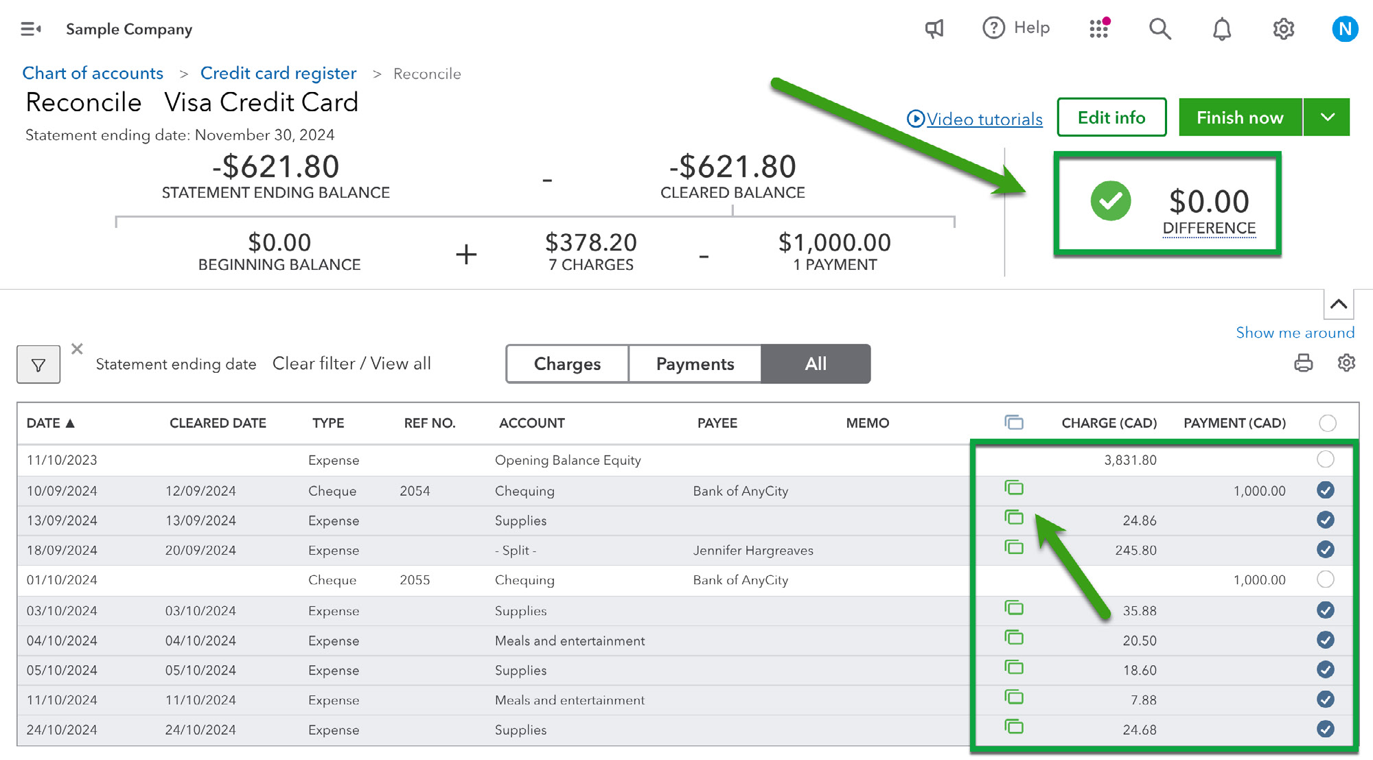 QuickBooks accounting software official 2025 Canadian training screen showing reconciliation