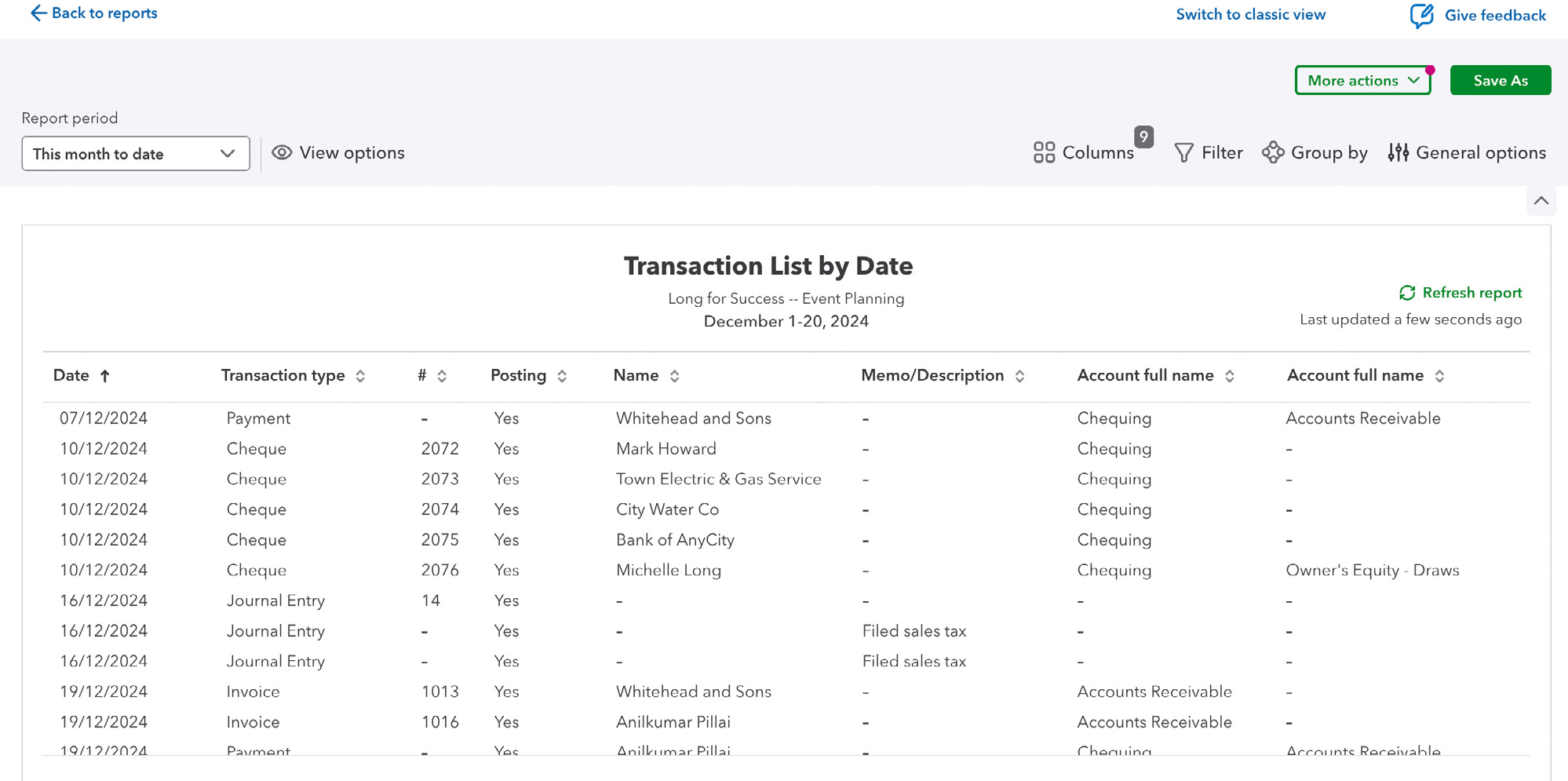 QuickBooks Online official 2025 Canadian training screenshot of transaction reporting