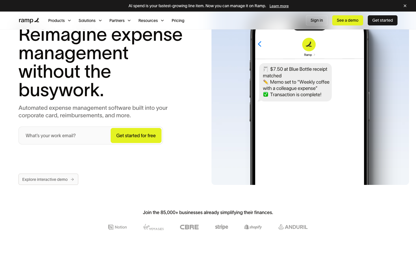 Ramp expense management: vendor website screenshot illustrating employee mobile receipt matching