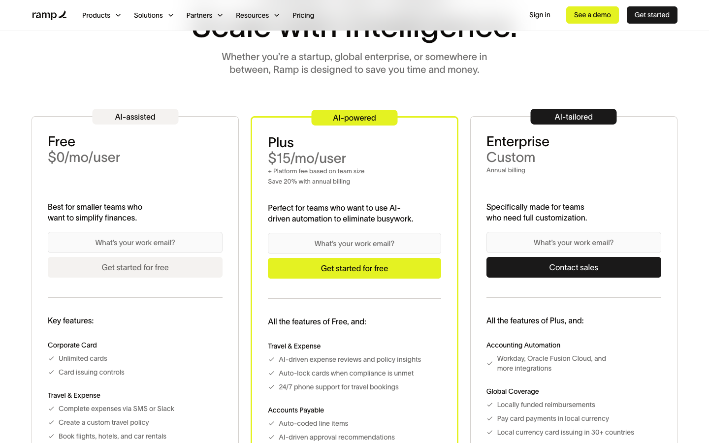 Ramp review 2026: official Free Plus and Enterprise pricing comparison showing the separate Plus platform fee