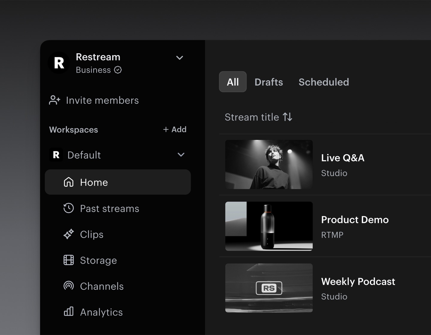 Official Restream home screen with events, workspaces, Channels, Storage and Analytics navigation