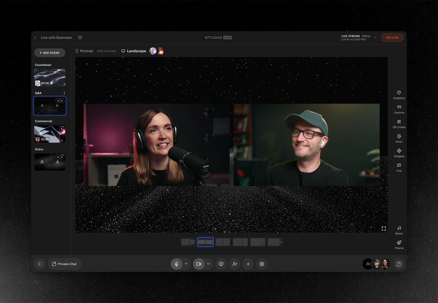 Official Restream Studio showing a live guest interview, prepared scenes and control panels