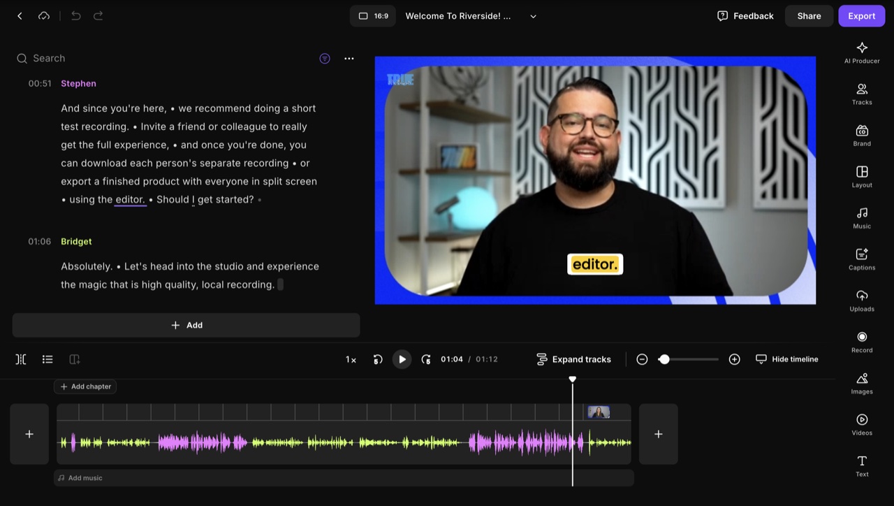 Official Riverside Editor showing speaker transcript, video preview, timeline waveforms and editing controls