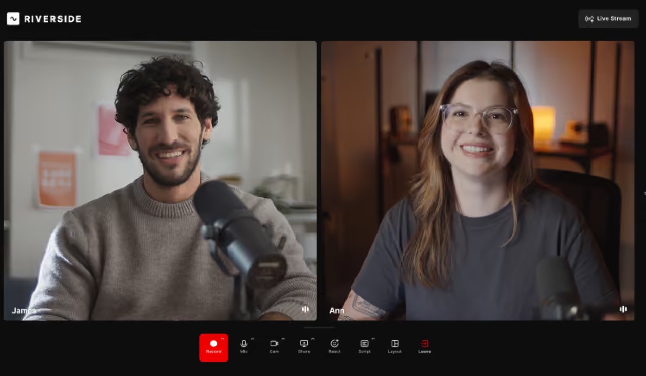 Riverside Studio interface displaying two remote participants with recording, microphone, camera and layout controls