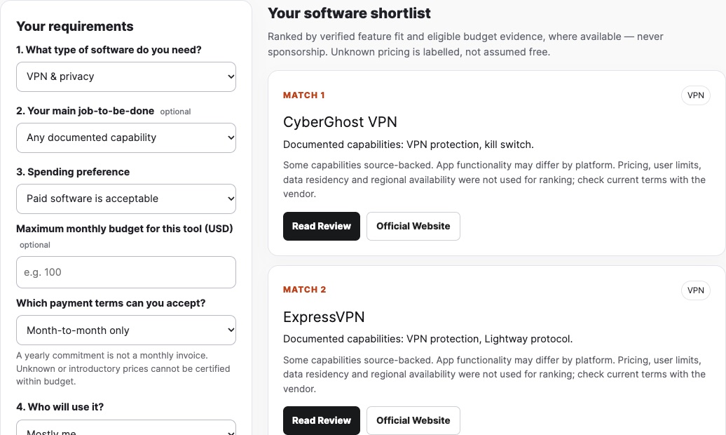 DigiOffly software tools: live AI Software Finder requirements and shortlist example
