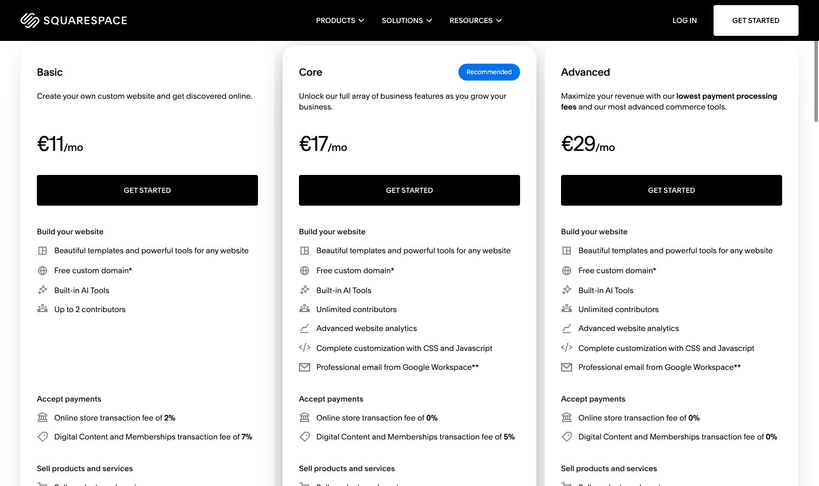 Squarespace official localized euro website plan feature comparison from October 16, 2026