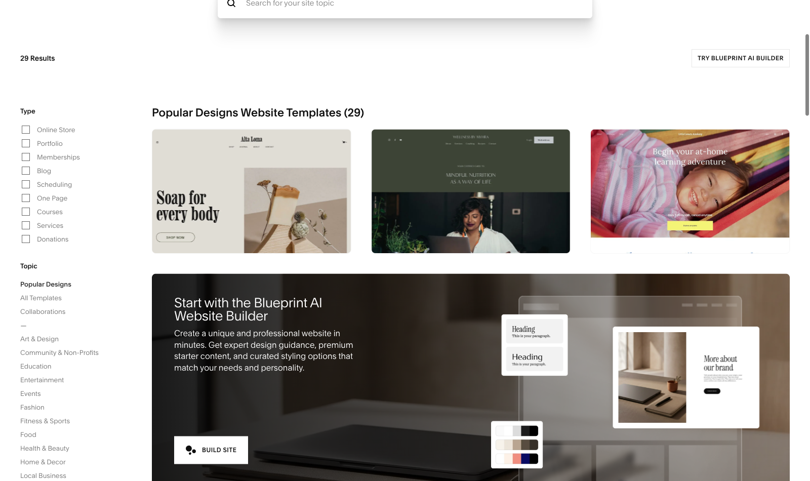 Squarespace official template gallery and Blueprint AI Builder public page October 16, 2026