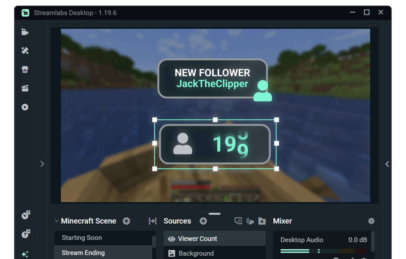 Streamlabs Desktop viewer count widget in the live scene editor