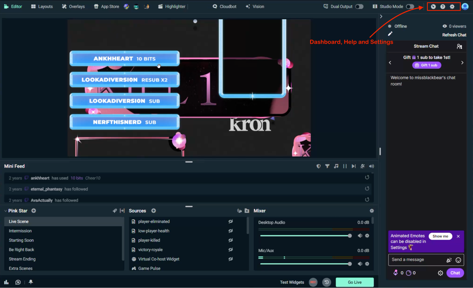 October 2026 Streamlabs Desktop editor with updated top navigation, scenes, sources and audio mixer