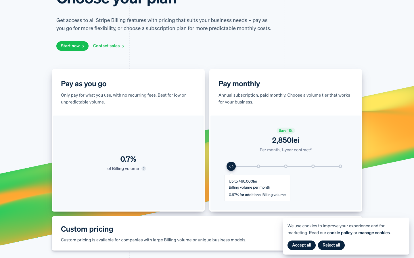 Stripe official Billing pricing page showing pay as you go and contracted subscription tiers