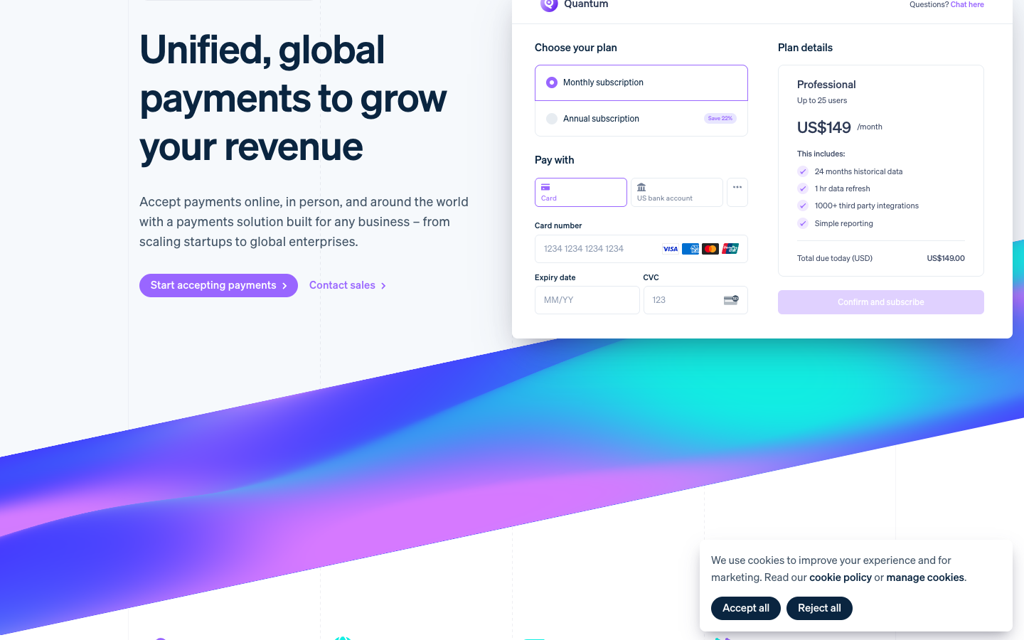 Stripe Payments official product-page screenshot for DigiOffly Stripe review 2026, showing online card acceptance