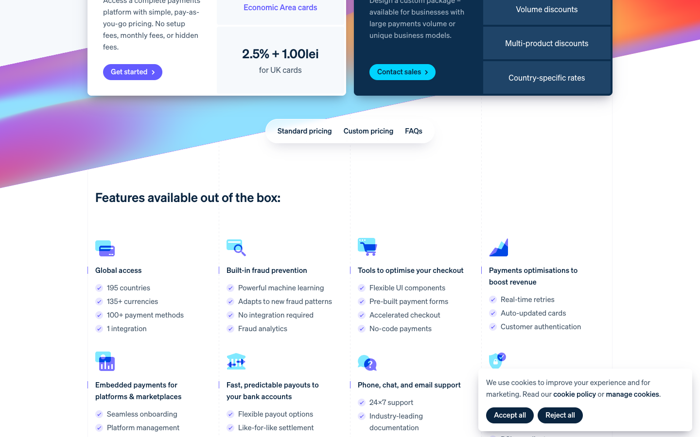 Stripe US pricing page: standard domestic card charges and additional payment fees