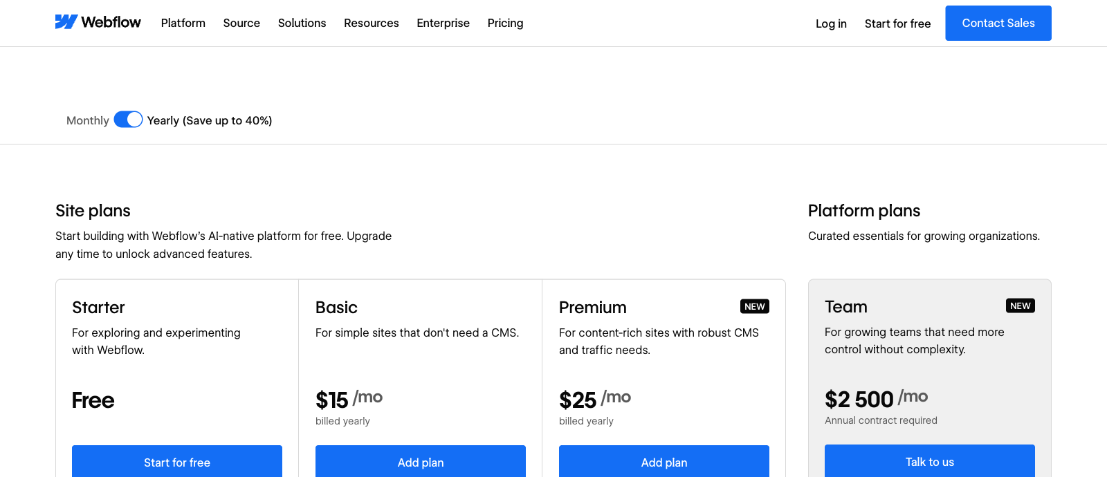 Official Webflow Site pricing comparison with Premium features, October 2026