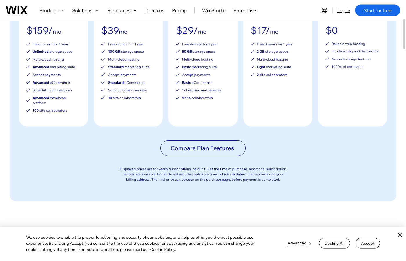 Wix public site plans Light Core Business and Business Elite prices, October 2026