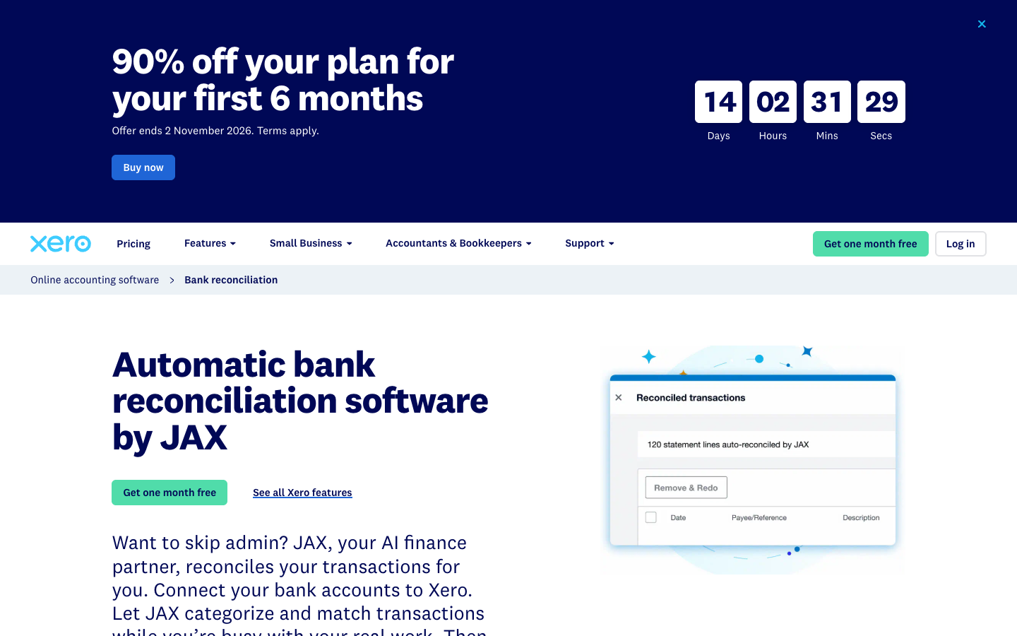 Xero accounting software public page showing JAX bank reconciliation