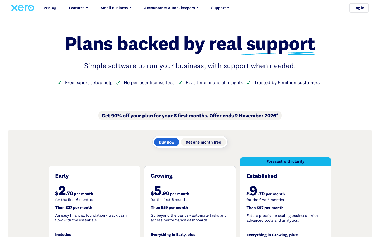 Xero review 2026: official US pricing table for Early Growing and Established plans