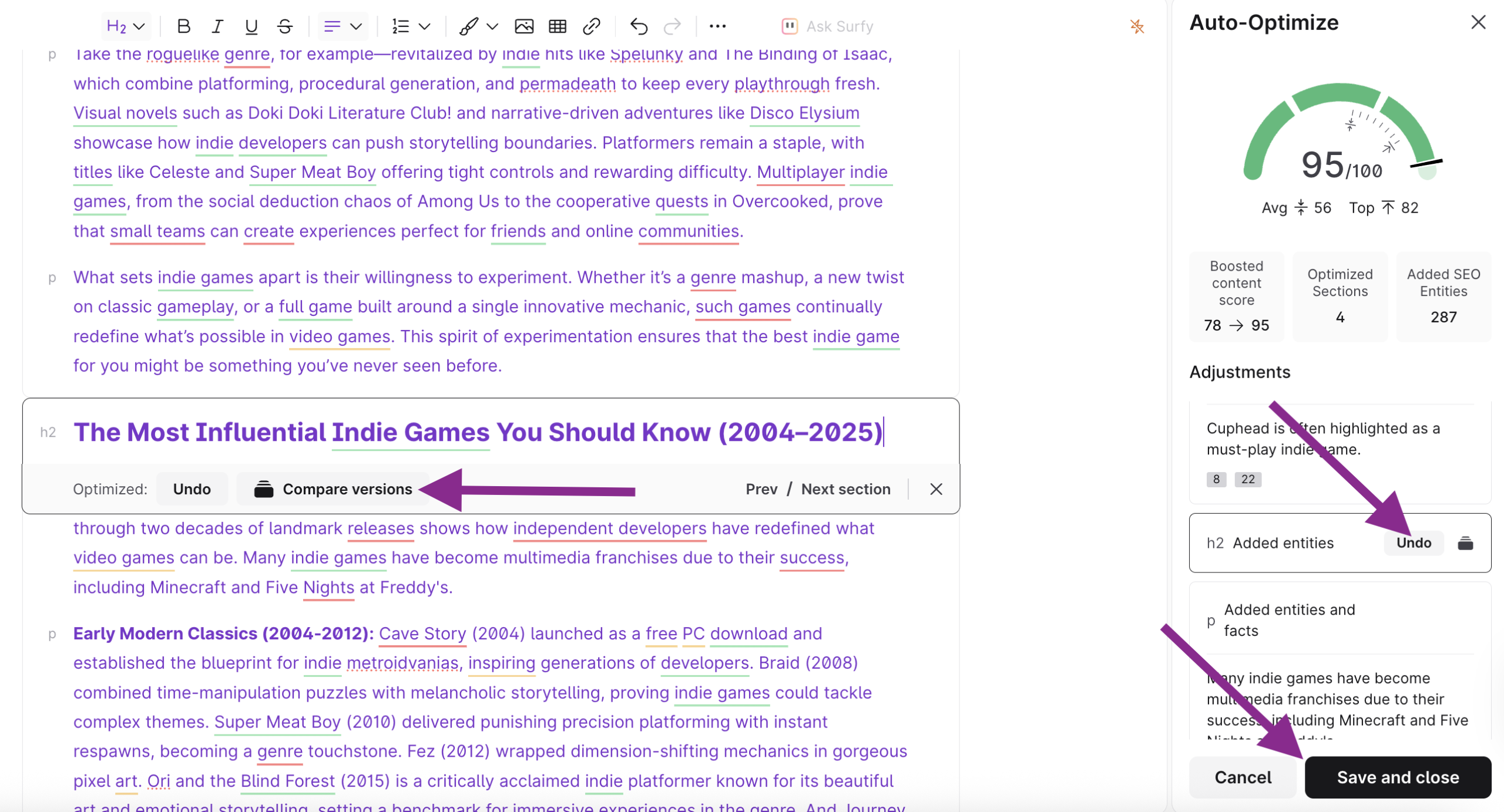 Official Surfer SEO Auto-Optimize interface and content score panel (vendor screenshot)